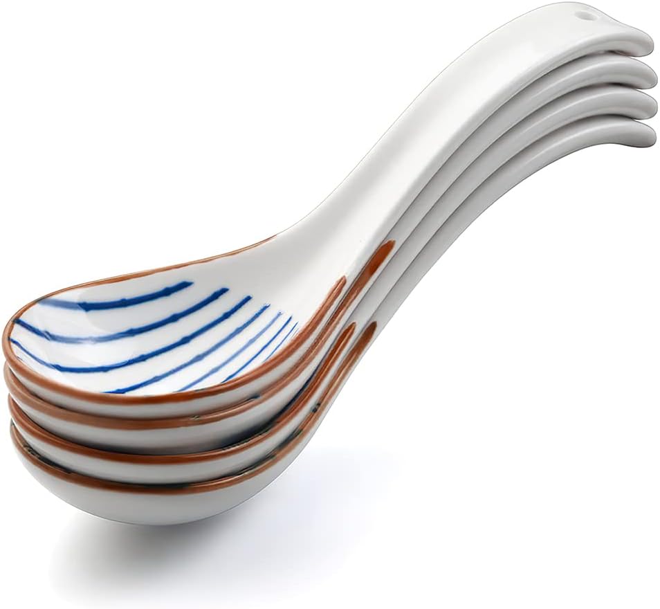 IQCWOOD Ceramic Asian Soup Spoons  Blue and White Japanese Spoon for Soup Rice Ramen Pho Wonton Dumpling Miso  Deep Oval Hook Design  Gifts for Friends Parents Family