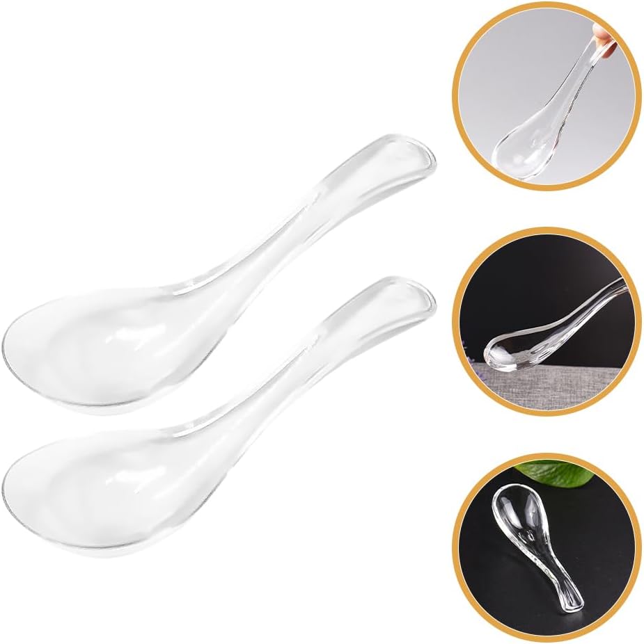 VOSAREA 2pcs Clear Glass Spoons Asian Soup Spoons Glass Foods Spoons Chinese Soup Spoons Asian Rice Spoon Japanese Wonton Soba Ramen Noodle Spoon