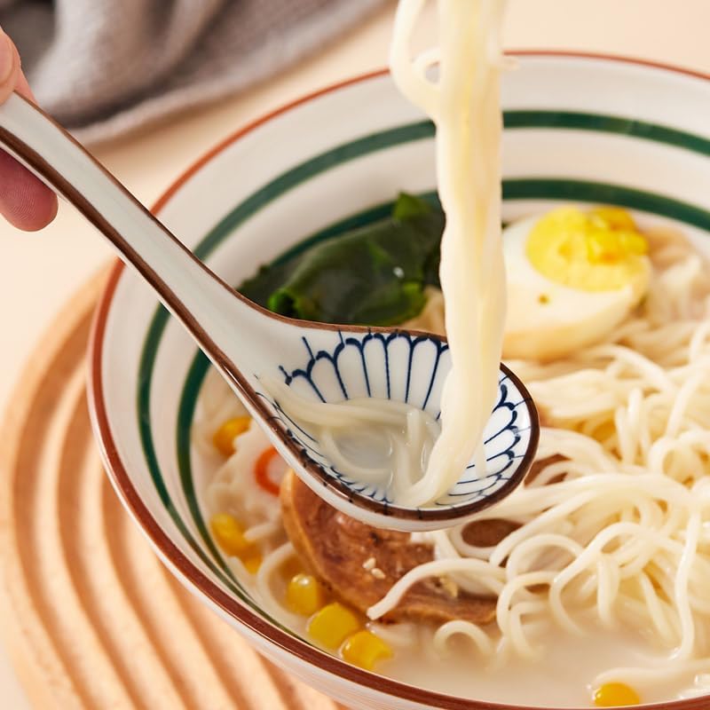 Asian Soup Spoon Ceramic Ramen Spoons Japanese Style for Pho  Miso soup  Dumpling  Noodles  Chinese Wonton Dishwasher safe - Set of 4 - Blue