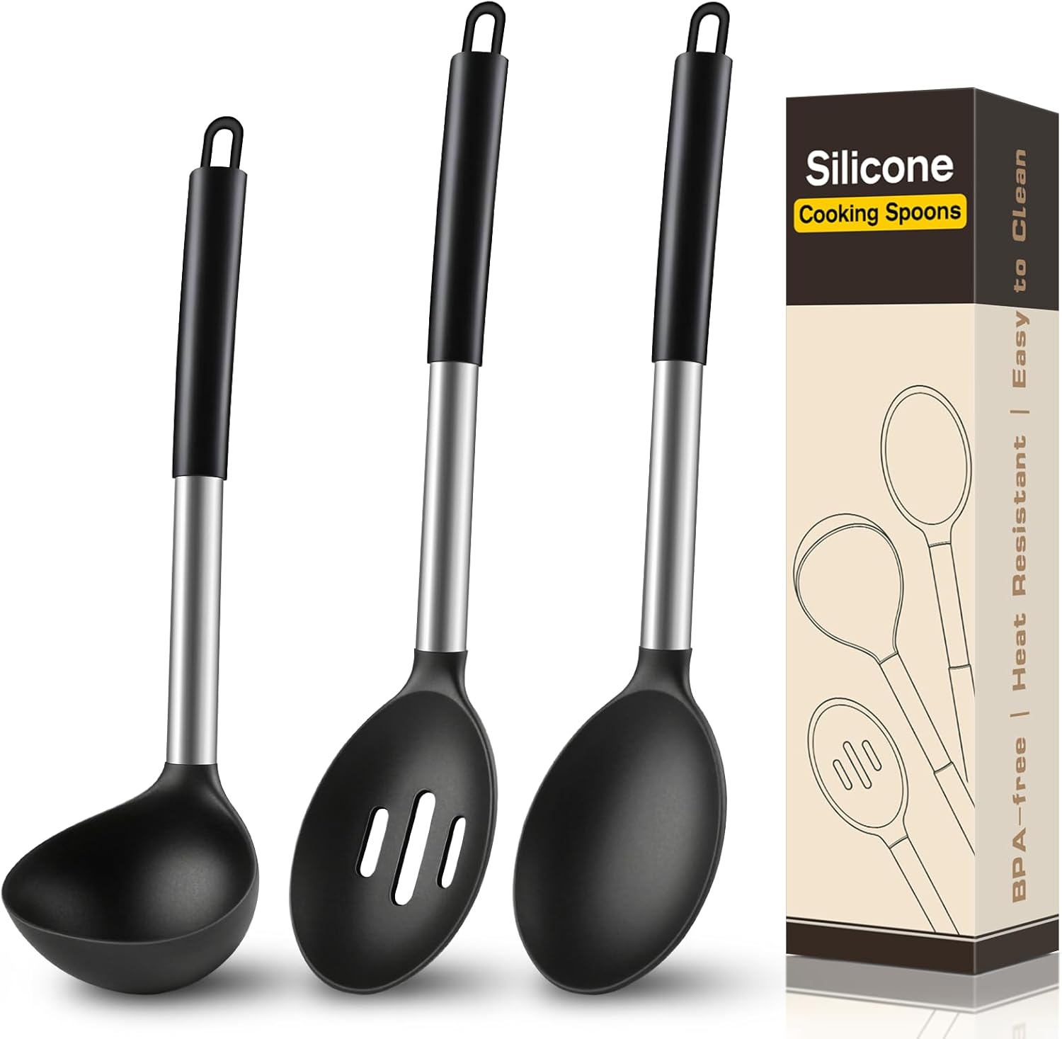 3 Pcs Silicone Cooking Spoon Set  Kitchen Utensils Include Solid & Slotted Spoon  Soup Ladle  Food-Grade Heat Resistant  Non-Scratch Spoons for Serving  Stirring  Draining  Dishwasher Safe  Black