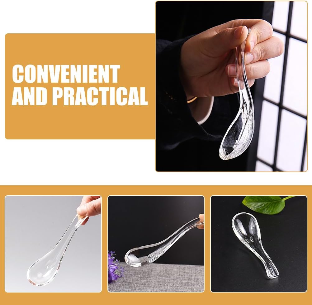 VOSAREA 2pcs Clear Glass Spoons Asian Soup Spoons Glass Foods Spoons Chinese Soup Spoons Asian Rice Spoon Japanese Wonton Soba Ramen Noodle Spoon
