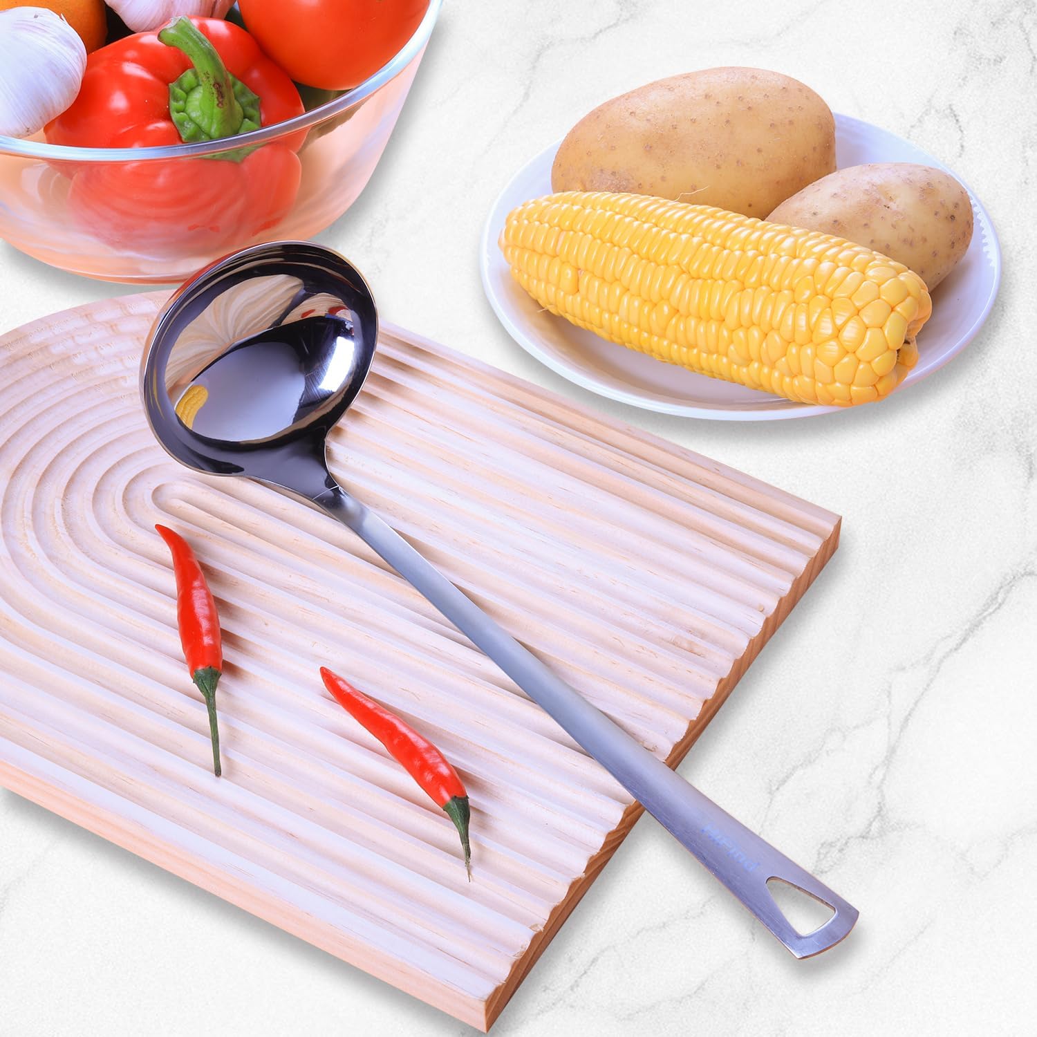 Cooking Spoon 12.2 Inches Kitchen Stainless Steel Round Ladle  Heavy-Duty  Heat Resistance  Rust-Resistant Kitchen Ergonomic Handle for Chefs Serving Soups  Stews