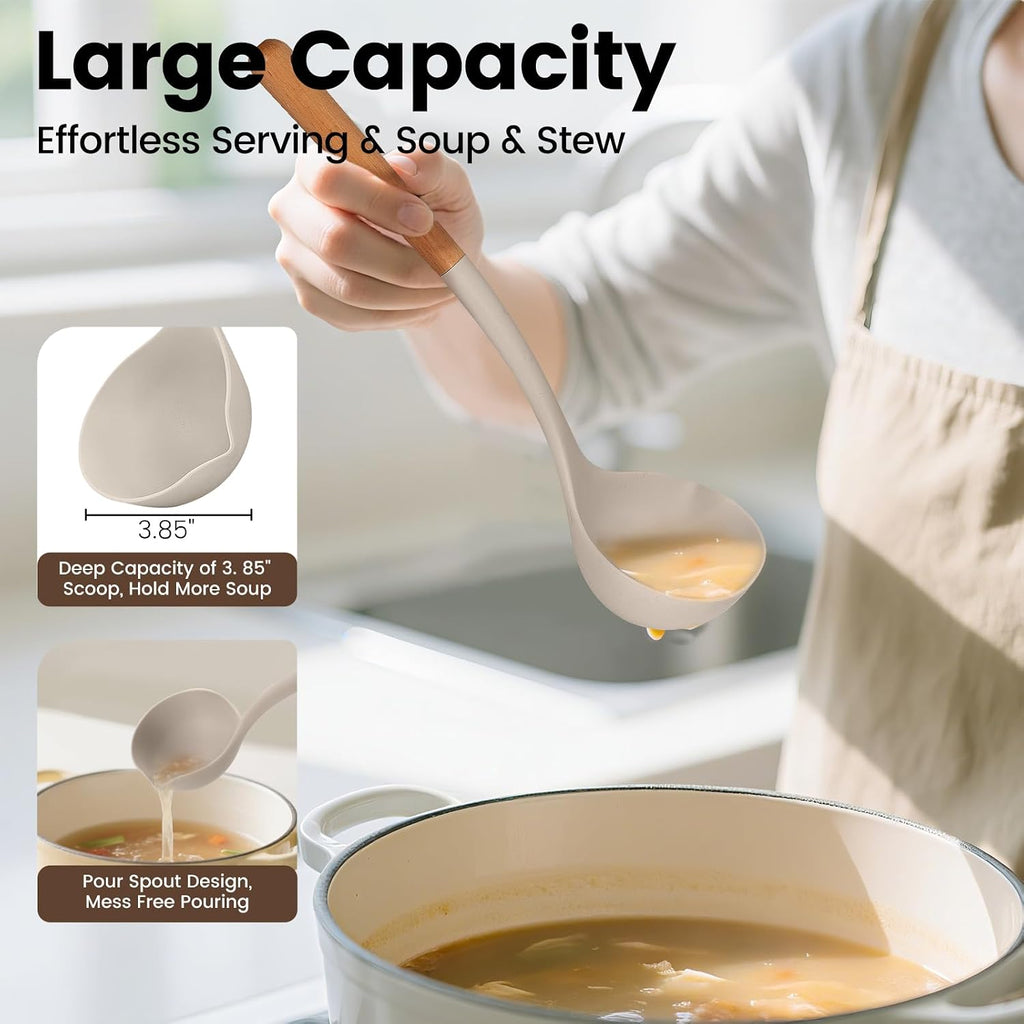 Silicone Soup Ladle Spoon  Kitchen Soup Cooking Spoons Set  Large Spaghetti spoon  Nonstick Pasta Spoon  Heat Resistant Pasta Fork for Serving Soup  Noodle  Sauce